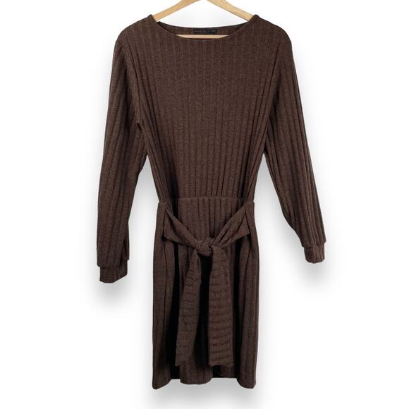 Fraiche by J Chocolate Brown Ribbed Knit Tie Front Long Sleeve Dress Size M - Picture 2 of 10